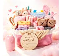 Set de regalo para bebé con diseño de tarta de pañales - Neutro - Set de 32 piezas para recién nacido con peluche de conejito y tarjeta de felicitación en una cesta tejida baby shower y bautizo