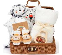 Set de Regalo para Bebé Niño Niña - Canastilla Recién Nacido Neutral con Manta, Dou Dou León, Babero, Calcetines, Sonajero de Madera, Tarjeta y Cesta - Caja Baby Shower, Nacimiento o Bautizo