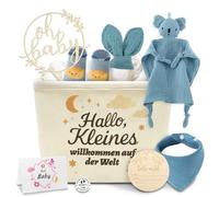 Set de regalo para bebé niño y niña - regalo de nacimiento y baby shower, incluye paño koala, tarjetas de hitos de madera, calcetines, baberos, placa de madera y tarjeta de regalo (azul)