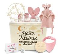 Set de regalo para bebé niño y niña - regalo de nacimiento y baby shower, incluye paño koala, tarjetas de hitos de madera, calcetines, baberos, placa de madera y tarjeta de regalo (rosa)