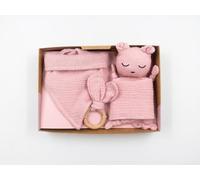 Set de Regalo para Bebé personalizado, 3 piezas, Doudou baby, Mordedor de Madera, babero tipo bandana Algodón Muselina dou dou para bebé (Rosa)
