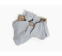 Set de Regalo para Bebé personalizado, 3 piezas, Doudou baby, Mordedor de Madera, babero tipo bandana Algodón Muselina dou dou para bebé (Azul grisáceo)