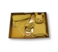 Set de Regalo para Bebé personalizado, 3 piezas, Doudou baby, Mordedor de Madera, babero tipo bandana Algodón Muselina dou dou para bebé (Mostaza)