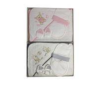 Set de Regalo para Bebé Recién Nacido, Toalla con Capucha, Babero, Gorro y Patucos, 100% Algodón, Rosa y Gris, Diseño de Osito. Rosa