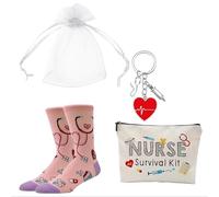 Set de regalo para enfermera, incluye estuche de maquillaje, llavero de enfermera, tarjeta, bolsa de tela y calcetines, regalo ideal para mostrar agradecimiento a las profesionales de la salud