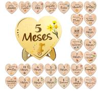 Set de regalo para recién nacido y cumple mes bebé. Tarjetas placas fichas de madera forma de corazón grabado doble cara. Regalo original mamá embarazada padres primerizos bebé niño y niña (Estandar)