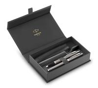 Parker Set de regalo IM Duo Pen | Pluma estilográfica, bolígrafo y estuche | Acabado en acero inoxidable con adornos cromados | Punta media | Recargas de tinta azul | Regalos de graduación perfectos