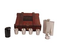 Set de regalo: petaca de 200 ml con embudo, estuche de piel para cuatro vasos de chupito en una caja de madera con aspecto rústico