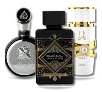Set de regalo unisex de 3 perfumes Lattafa (Bade'e Al Oud Oud For Glory + Fakhar for Men + Yara Moi), 100 ml cada uno.