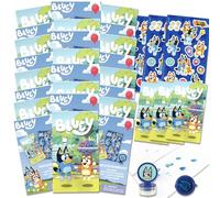 Bluey - Juego de recuerdos de fiesta de cumpleaños, paquete con 24 paquetes de actividades Bluey | Mini cuaderno de bocetos, calcomanías y sello | Suministros de fiesta azules