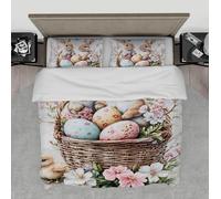 Set de Ropa Cama 3 Piezas Huevo Conejo Pascua de Primavera Conjunto de Fundas de edredón Rosa Rosa con Estampado de Flores Blancas 2 Fundas Almohada para la decoración del Dormitorio 160 x 200 cm