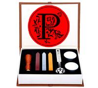 Set de Sellos de Cera, ANBOSE Kit de sello de cera de letras que incluye 1 sello de cobre con mango de madera, 3 barras de sello de cera, 1 cuchara para fundir y 2 velas blancas （P)