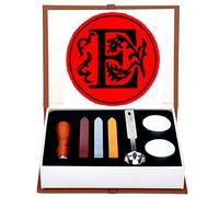 Set de Sellos de Cera, ANBOSE Kit de sello de cera de letras que incluye 1 sello de cobre con mango de madera, 3 barras de sello de cera, 1 cuchara para fundir y 2 velas blancas （E)