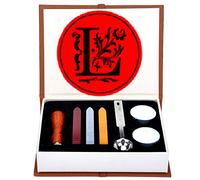 Set de Sellos de Cera, ANBOSE Kit de sello de cera de letras que incluye 1 sello de cobre con mango de madera, 3 barras de sello de cera, 1 cuchara para fundir y 2 velas blancas （L)