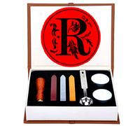 Set de Sellos de Cera, ANBOSE Kit de sello de cera de letras que incluye 1 sello de cobre con mango de madera, 3 barras de sello de cera, 1 cuchara para fundir y 2 velas blancas （R)