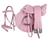 Set de silla de montar para poni QHP de piel (sintética) cincha y estribos de 33,02 cm + bocado combinado., rosa, 13 pulgadas