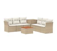 Set de sofás al aire libre 8 piezas Beige y Crema de Poli Ratan | Poli ratan resistente a la intemperie, madera de acacia, diseño modular, baúl de almacenamiento, mantenimiento simple
