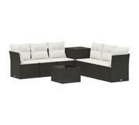 Set de sofás al aire libre de 8 piezas de poli rotan negro y crema con mesa | Polirotan resistente, acentos acacia natural, baúl de almacenamiento integrado, diseño modular flexible, cojines cómodos