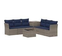 Set de Sofás Exterior 8 Piezas Poli Ratan y Acero Gris Azul | Diseño modular, baúl de almacenamiento, acentos acacia, cojines incluidos, mesa de café, resistente a la intemperie
