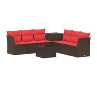 Set de Sofás Jardín 8 Piezas Poly Rotan Marrón Rojo con Mesa de Café | Diseño modular, polivinílico rotan duradero, acentos acacia, baúl de almacenamiento, fácil mantenimiento