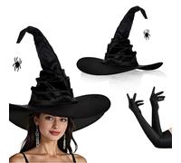 Set de sombrero de bruja de Halloween y guantes largos Yhjxly, sombrero de bruja plegable con colgante de araña, guantes elásticos de 53 cm, disfraz de bruja, accesorio de cosplay para fiesta de