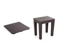 Set de Tatay Tarima de Ducha Cuadrada de plástico Resistente con Tacos de Goma en la Base. + Banqueta Rectangular Fabricada en Polipropileno Texturizado marrón, con Acabado Efecto Madera