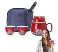 Set de tazas cerámicas para té portátil De Porcelana A Prueba De Golpes Y | Gato De La Suerte sin plomo, apto microondas, lavavajillas, compacto, apilable, infusor viaje, hogar, ofic Rojo