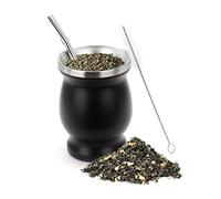 Set de tazas de té Yerba Mate de acero inoxidable PIQIUQIU, 230 ml / 8 OZ de doble pared, libres de BPA, con pajitas y cepillo de limpieza (Negro)