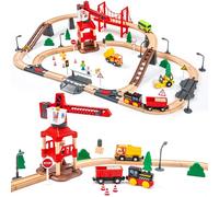 Set de Tren de Madera con Tren Eléctrico y Grúa Magnética, 86 Piezas Circuito de Tren de Construcción, Doble Nivel con Vías y Cambios, Compatible con Thomas, Brio, IKEA, Juguete STEM Regalo