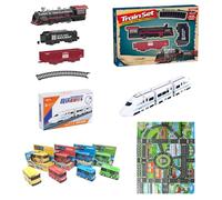 Set de Tren Eléctrico con Luces, Sonido y Mini Autobús, Locomotora Retro, Tren Alta Velocidad y Alfombra de Ciudad, Juguete Educativo para Niños y Niñas