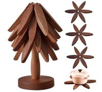 Set de Trivet de Madera Conjunto de árboles creativos de árboles Que Incluyen 4 Trivets y 1 Base Trivets Aislados Decorativos para Platos Calientes, Tazas, Decoraciones navideñas, Color de Nogal