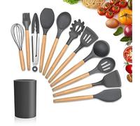Set de utensilios cocina de silicona 12 piezas juego para cocinar con mango de madera resistentes al calor y Antiadherentes grir