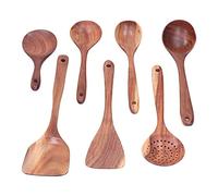 Set de utensilios de cocina de madera de teca 7 piezas - Espátula, cuchara y servidor con mango largo para sartenes antiadherentes - Duradero, ecológico y fácil de limpiar para