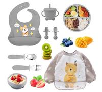 Set de vajilla de silicona para bebé 9 piezas - Plato y cuenco con ventosa, vaso de aprendizaje, cubiertos de silicona, babero y delantal manga larga - Kit BLW antideslizante, apto lavavajillas, plega