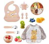 Set de vajilla de silicona para bebé 9 piezas - Plato y cuenco con ventosa, vaso de aprendizaje, cubiertos de silicona, babero y delantal manga larga - Kit BLW antideslizante, apto lavavajillas, plega