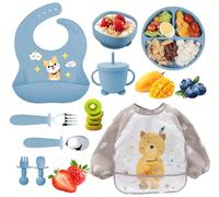 Set de vajilla de silicona para bebé 9 piezas - Plato y cuenco con ventosa, vaso de aprendizaje, cubiertos de silicona, babero y delantal manga larga - Kit BLW antideslizante, apto lavavajillas, plega