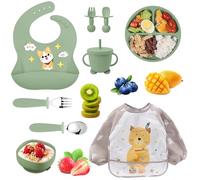 Set de vajilla de silicona para bebé 9 piezas - Plato y cuenco con ventosa, vaso de aprendizaje, cubiertos de silicona, babero y delantal manga larga - Kit BLW antideslizante, apto lavavajillas, plega