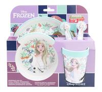 Set de vajilla infantil reutilizable antideslizante con base de silicona bicolor compuesto de plato, cuenco, vaso y cubiertos en caja de Frozen