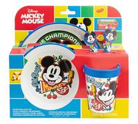 Set de vajilla infantil reutilizable antideslizante con base de silicona bicolor compuesto de plato, cuenco, vaso y cubiertos en caja de Mickey