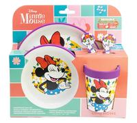 Set de vajilla infantil reutilizable antideslizante con base de silicona bicolor compuesto de plato, cuenco, vaso y cubiertos en caja de Minnie