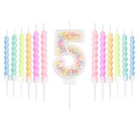 Set de velas de 5 años cumpleaños de Macarón blanco,decoración 5th de cumpleaños para niños y niñas,número 5 vela para pastel,Vela arco iris para decoración de fiesta de chica chico,Duchas para bebés