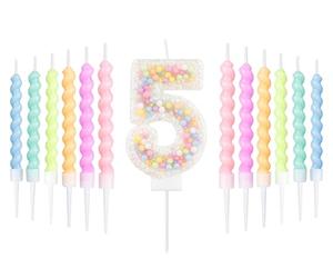 Set de velas de 5 años cumpleaños de Macarón blanco,decoración 5th de cumpleaños para niños y niñas,número 5 vela para pastel,Vela arco iris para decoración de fiesta de chica chico,Duchas para bebés
