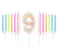 Set de velas de 9 años cumpleaños de Macarón blanco,decoración 9th de cumpleaños para niños y niñas,número 9 vela para pastel,Vela arco iris para decoración de fiesta de chica chico,Duchas para bebés