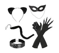 Set de vestuario de Halloween - Mujer traje de gato de 65 cm de tela de tela de cola, guantes de mazas de corbata de la cabeza de cabeza | Perfecto para vestir para fiesta para adultos, accesorios neg