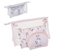 Set de x2 Neceser Viaje de Plástico Transparente Blanco y Rosa con Gatos Adorables, Varios Compatimentos, Estuche para Maquillaje, 24 cm