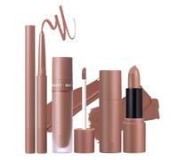 Set Delineador Labial Y Barra De Labios - 3 Piezas Color Nude Marrón Duradero Lápiz | Maquillaje Labios Terciopelo Alto Pigmento | Kit Cosmético Natural Para Definición | Resistente Al Agua, Antimanch