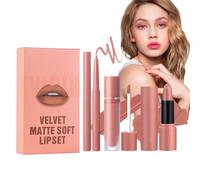 Set Delineador Labial Y Barra De Labios - 3 Piezas Color Nude Marrón Duradero Lápiz | Maquillaje Labios Terciopelo Alto Pigmento | Kit Cosmético Natural Para Definición | Resistente Al Agua, Antimanch