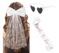 Set Despedida de Soltera Decoración Accessorios, Velo Novia Despedida Soltera, Novia Satin Sash, Gafas de Sol Corazon de Perla Blanca, Bride to Be Adorno Hen Night