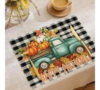 Set di 2 Primavera Tovagliette retrò Americano, Tovagliette Cucina Lino Cotone Stampate, Tovagliettes con Camion a Quadri con Zucca per Tavolo da Pranzo, Cucina, Matrimonio, Uso Quotidiano
