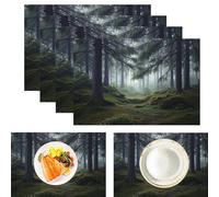 Set di 2 tovagliette Cotone e Lino, Paesaggio realistico Muschio Della Foresta pini nebbiosi, per tavolo da pranzo, cucina, Matrimonio, Uso quotidiano, cene, Ringraziamento/Natale, Verde(30cm x 45cm)